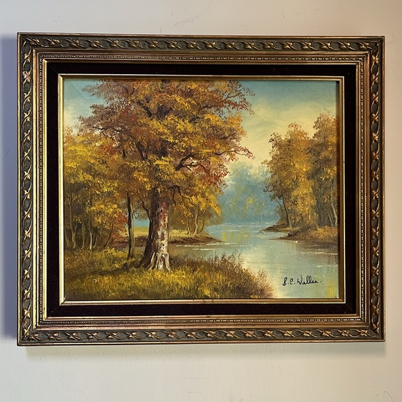 VTG Large Painting Oil On Canvas Framed Wooded Landscape Signed B.C. Weller